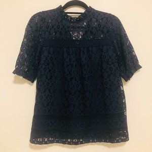 Navy Blue Lace Short Sleeves Shirt